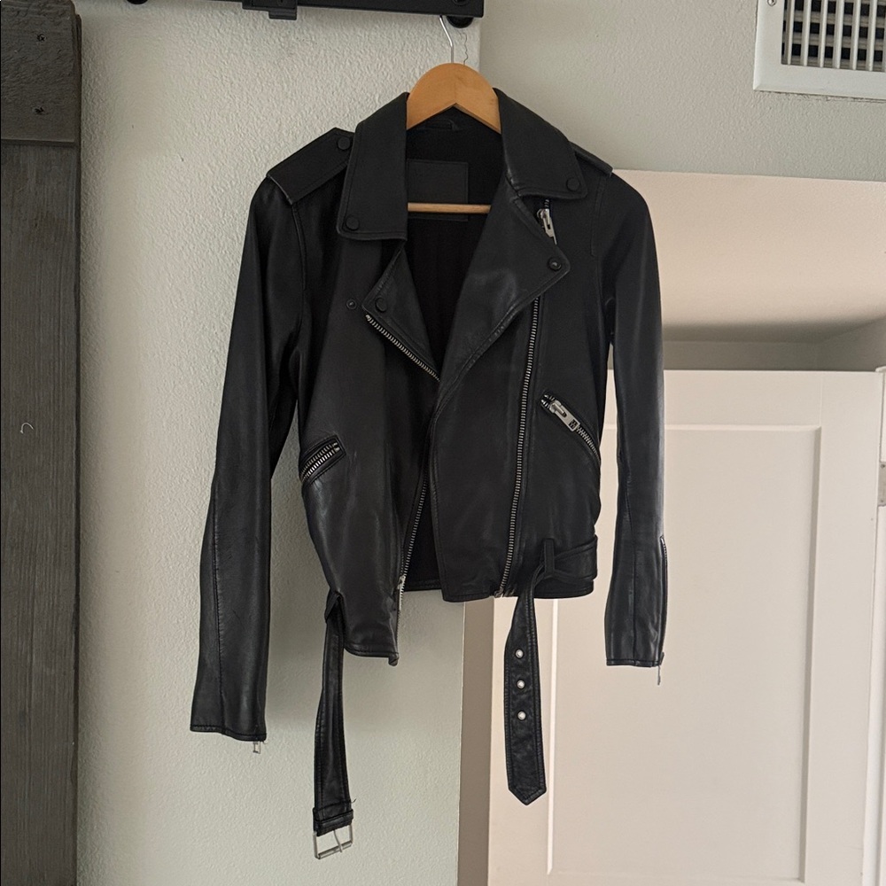 All Saints Black Leather Biker Jacket - normal wear and tear size 4